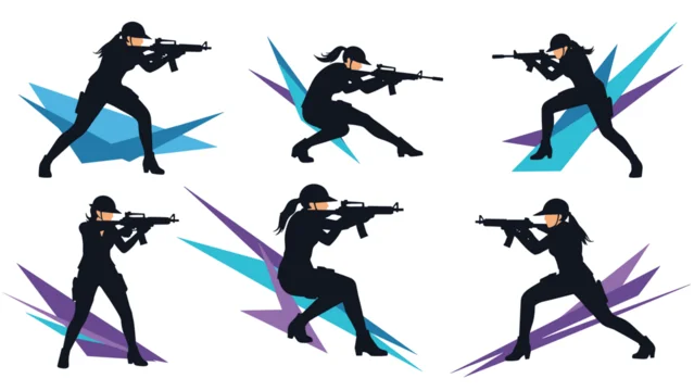 Collection of female soldier silhouettes in various tactical combat positions holding assault rifles on abstract backgrounds.
