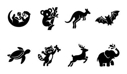 Naklejka premium Animal icon set otter, koala, kangaroo, bat, turtle, raccoon, deer, elephant solid styles, white background