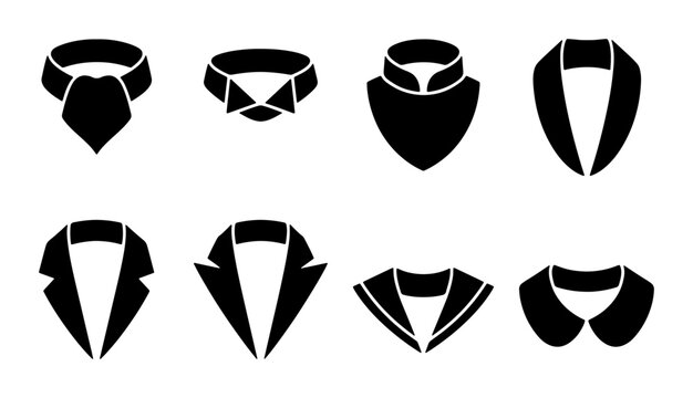 Fashion collar and tie icon set, outline and solid styles, white background
