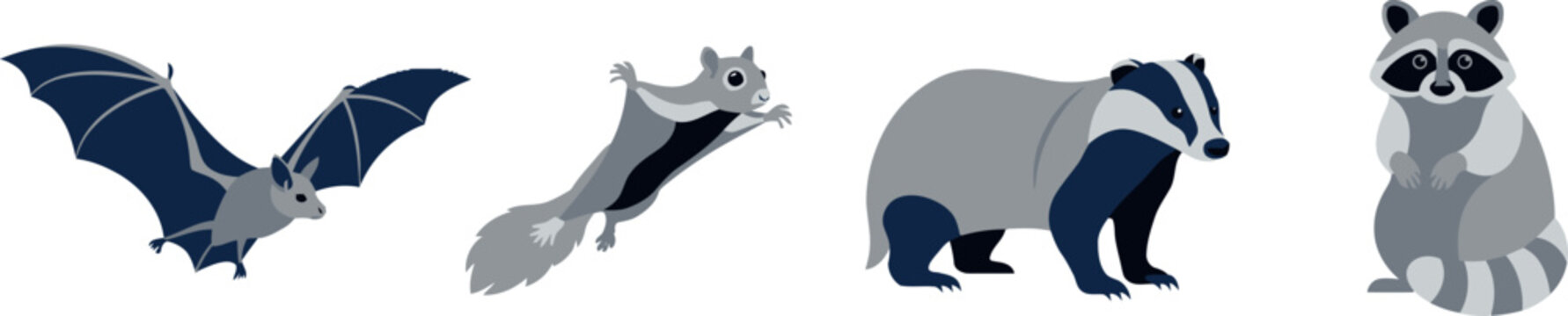Flat Nocturnal Wildlife Vector Icon Set with Bat Flying Squirrel Badger and Raccoon Elements for Forest Nature Education and Woodland Animal Graphic Designs