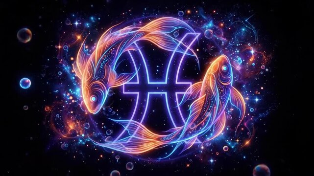 Glowing neon Pisces zodiac sign featuring two vibrant fish swimming in a circular formation against a starry cosmic background