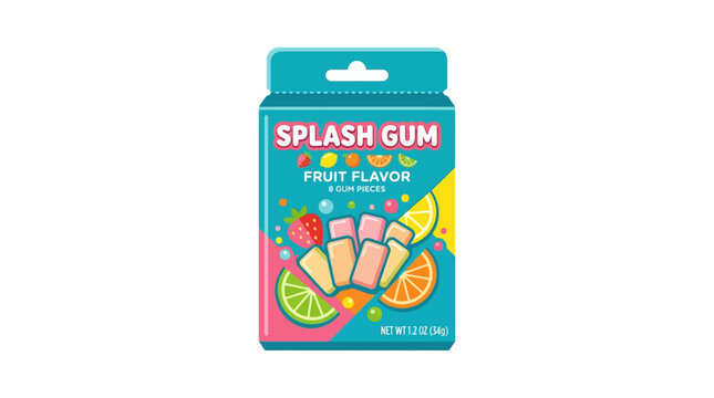 Product photo of colorful Splash Gum packaging with fruit flavors on a white background.