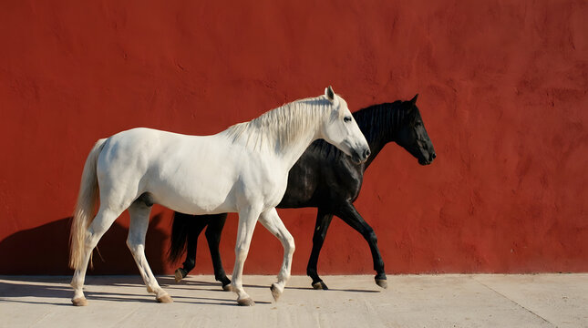 White and black horses walking