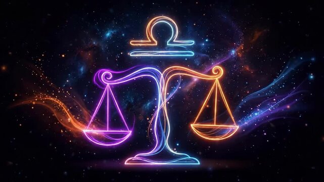 Libra zodiac sign represented by glowing neon scales against a deep cosmic space background. Astrological horoscope symbol featuring ethereal light lines and stellar constellation art