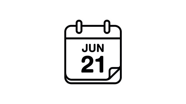 Minimalist black line art calendar icon representing the twenty first day of june isolated on a clean white background featuring bold strokes and simple geometric shapes for modern graphic design.