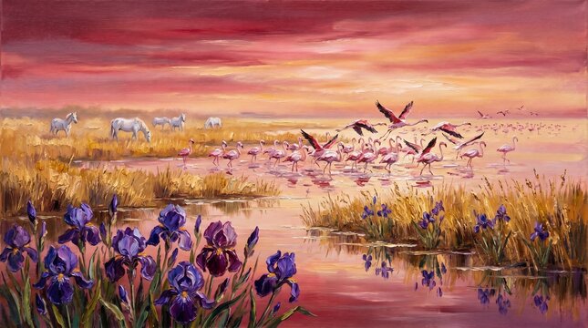 Impasto Oil Painting of Camargue Landscape with Pink Flamingos and White Horses
