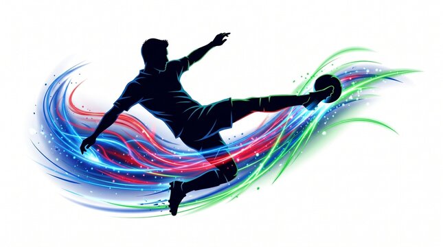Soccer player silhouette kicking a ball with energy trails, isolated on a white background. Perfect for sports posters.