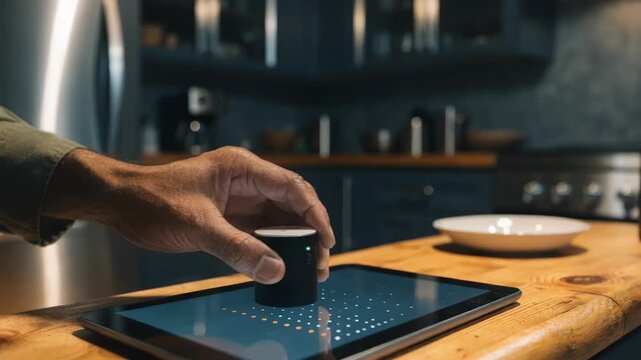 Closeup of tablet displaying leak sensor timestamps in kitchen adjusters hand holding device sharply focused while counters and appliances fade into soft blur.