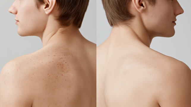 A split image depicting a man's upper back, showcasing a noticeable reduction in hyperpigmentation, sun spots, or freckles after successful skin treatment.