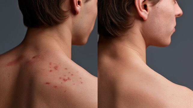 A compelling before and after shot presenting a man's upper back, showcasing a remarkable improvement in skin condition following treatment for moderate, diffuse acne.