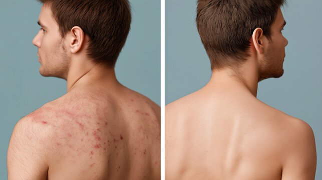A distinct side-by-side image displaying a man's upper back, clearly showing the significant reduction of severe, widespread acne after successful medical treatment.