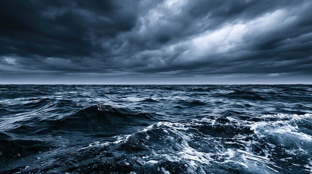 Stormy Sea Horizon Dark Dramatic Waves Heavy Clouds