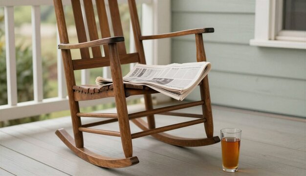 Rustic wooden rocking chair on a porch with a folded newspaper and a glass of tea, evoking a sense of calm, leisurely mornings, and the simple pleasures of home life