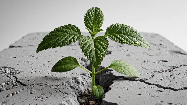 Small green seedling growing through a deep crack in a solid gray concrete block, porous texture and fractured surface visible, isolated on a neutral light background.