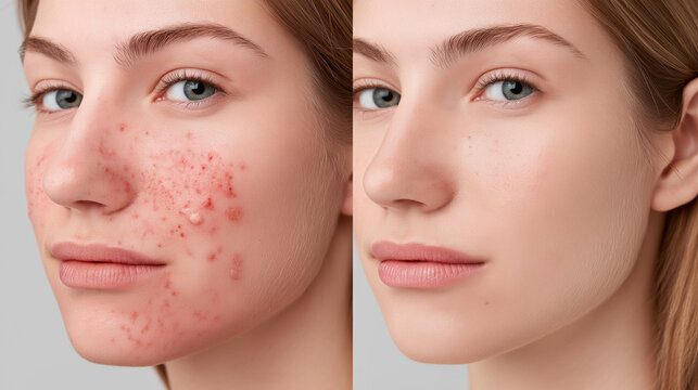 A side-by-side comparison showcases a woman's face with prominent acne lesions and the same face after successful treatment and clearer skin.