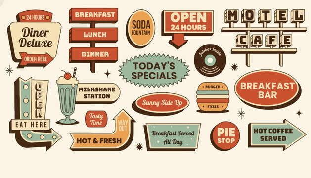 Collection of Vintage Style Retro Diner Signage Elements Featuring Classic Fast Food Advertising Graphics and American Roadside Cafe Symbols