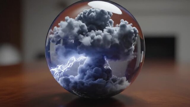 Transparent glass sphere containing a miniature dark storm cloud with active lightning flashes, surreal atmospheric weather phenomenon isolated against a black background.