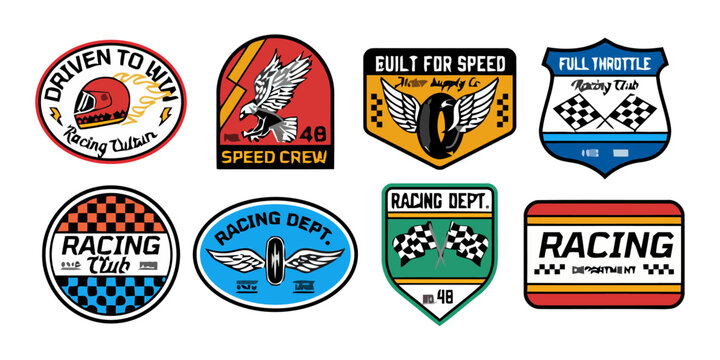 Collection of eight vibrant vintage racing club badges and retro motorsport emblems featuring classic auto speed elements, perfect for apparel and branding designs