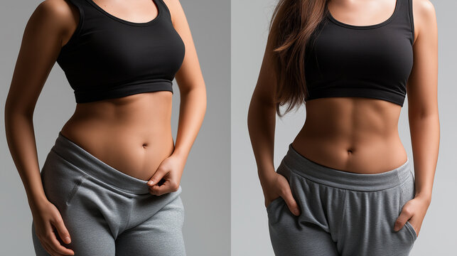 A woman's remarkable before and after body transformation is evident in this compelling comparison showing improved abdominal definition and overall fitness progress.