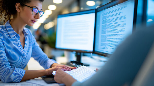 Anonymous businesswoman using a dual screen setup to compare international contract clauses for a cross-border merger, corporate law and deal-making concept, faceless, defocused,