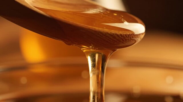 Detailed macro video of organic golden honey flowing from a hand-carved wooden spoon, featuring viscous texture, warm backlighting, and rich amber tones on a black backdrop.