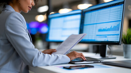Fototapeta premium Anonymous mid-career businesswoman in a tailored blazer reviewing financial documents on a dual monitor workstation, corporate finance and professional productivity concept,