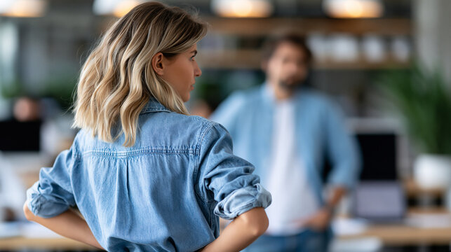 Anonymous young female boss standing in the office scolding a male IT department employee, workplace authority and management conflict concept, faceless, defocused, with copy space