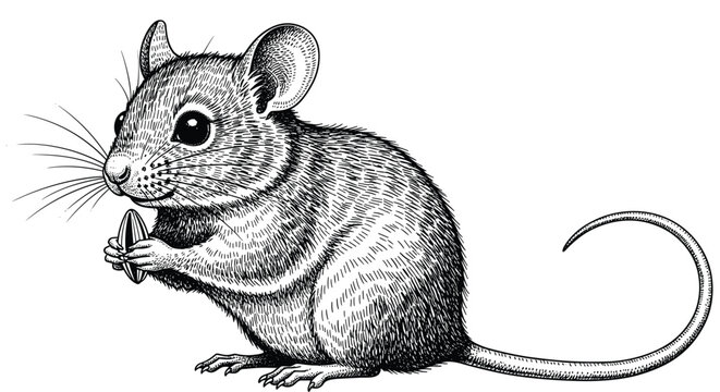 Fine detail black and white sketch of a small field mouse sitting up and holding a single seed with its tiny paws, showing intricate fur texture.