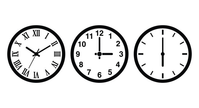 Three Wall Clocks Displaying Different Times Black Silhouette clock time timepiece analog round circular roman
