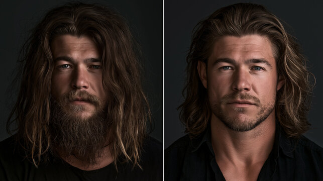 A striking diptych features a man with long, unkempt hair and a full beard contrasted with a more refined look with shorter, styled hair and a trimmed beard.