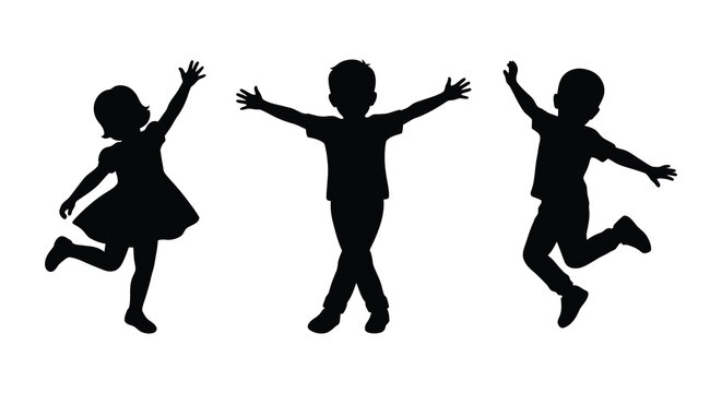 Three children jumping in silhouette against a white background silhouette kids youth toddlers childhood playful