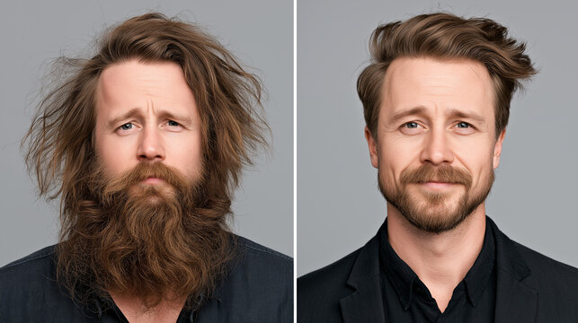 A compelling diptych illustrates a man's transformation from a shaggy, unkempt appearance with a long beard to a polished look with styled hair and a neat beard.
