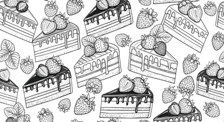 Obraz premium Delicious seamless pattern shows many slices of chocolate cake with cream filling topped with fresh strawberries in a detailed line art style.