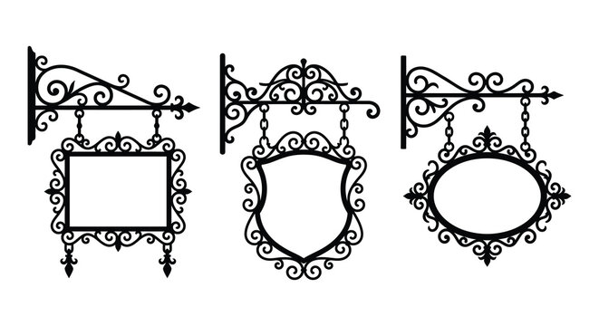 Ornate wrought iron sign brackets with decorative frames black silhouette bracket frame scrollwork vintage antique