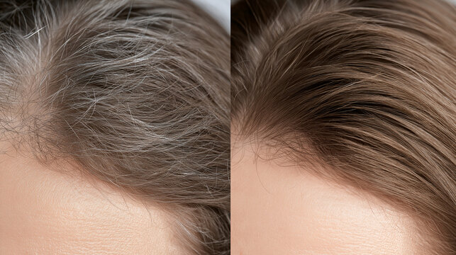 A close-up split image demonstrates the impressive change in hair color, moving from prominent gray roots to a consistently natural brown hue.