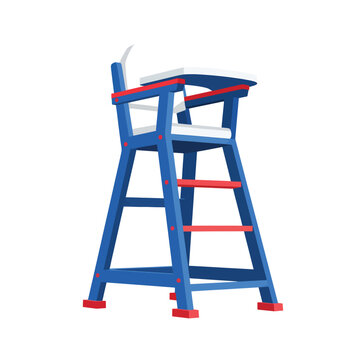 Lifeguard chair vector illustration, blue and red wooden rescue tower, beach safety station icon for summer vacation and pool security concepts