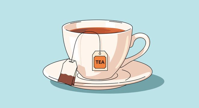 Simple and elegant cup of hot tea with a tea bag and saucer is shown in a clean vector graphic for various beverages.