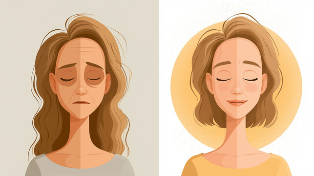 A vivid cartoon split image illustrates a woman before and after a self-care routine, showing a transformation from a tired, dishevelled look to a refreshed and vibrant appearance.