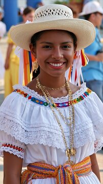 Young Panamanian woman wearing traditional pollera costume at cultural festival