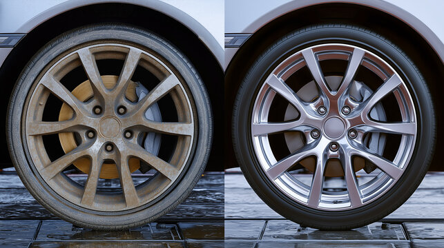 This split image contrasts a tarnished, dirty car wheel on the left with a gleaming, polished alloy wheel on the right, showcasing a dramatic cleaning effect.