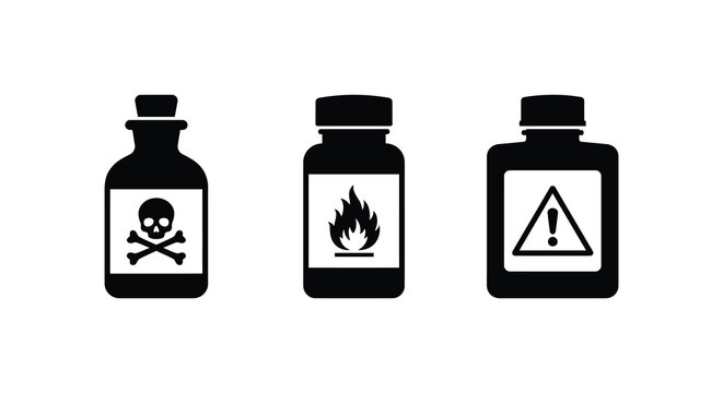 Three chemical bottles with hazard symbols in black silhouette bottle glass container vessel danger warning