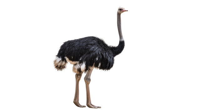 Large black ostrich with long neck and legs, isolated on transparent background