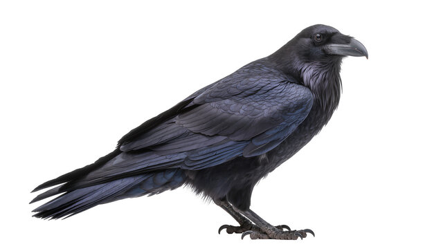Black raven bird with dark feathers, isolated on transparent background