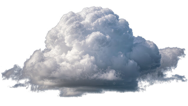 Fluffy cumulus cloud with dark grey undersides, isolated on transparent background