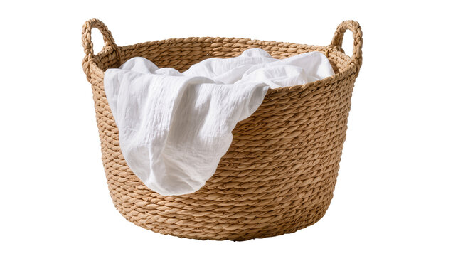 Woven seagrass laundry basket with white crumpled fabric, isolated on transparent background