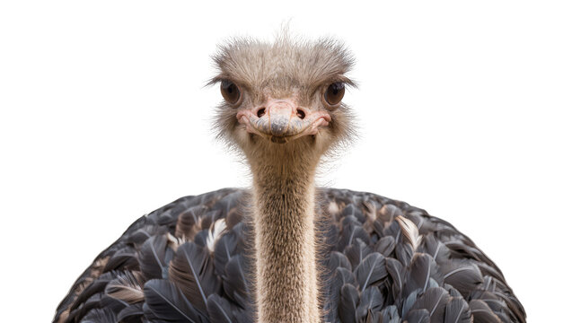 Close-up portrait of an ostrich with fluffy feathers, isolated on transparent background