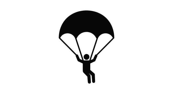 Parachutist with open canopy in black silhouette against a white background skydiving parachute falling descent
