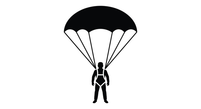 Parachutist with open canopy in black silhouette against a white background parachute skydiving aerial descent