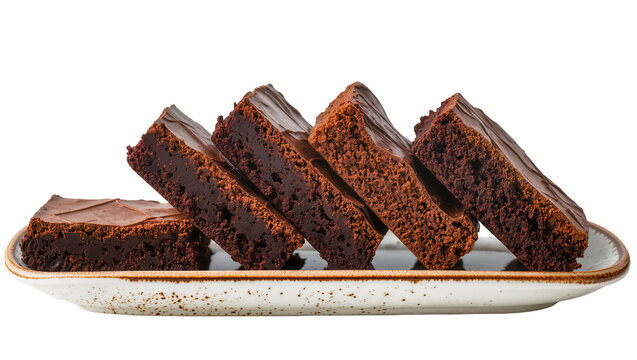 Rich chocolate brownies with glossy ganache topping, arranged on a speckled ceramic plate isolated on transparent background