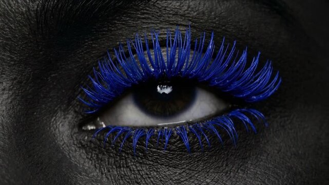 Close-up eye with vivid blue eyelashes moving across dark skin in dramatic beauty makeup macro view scene